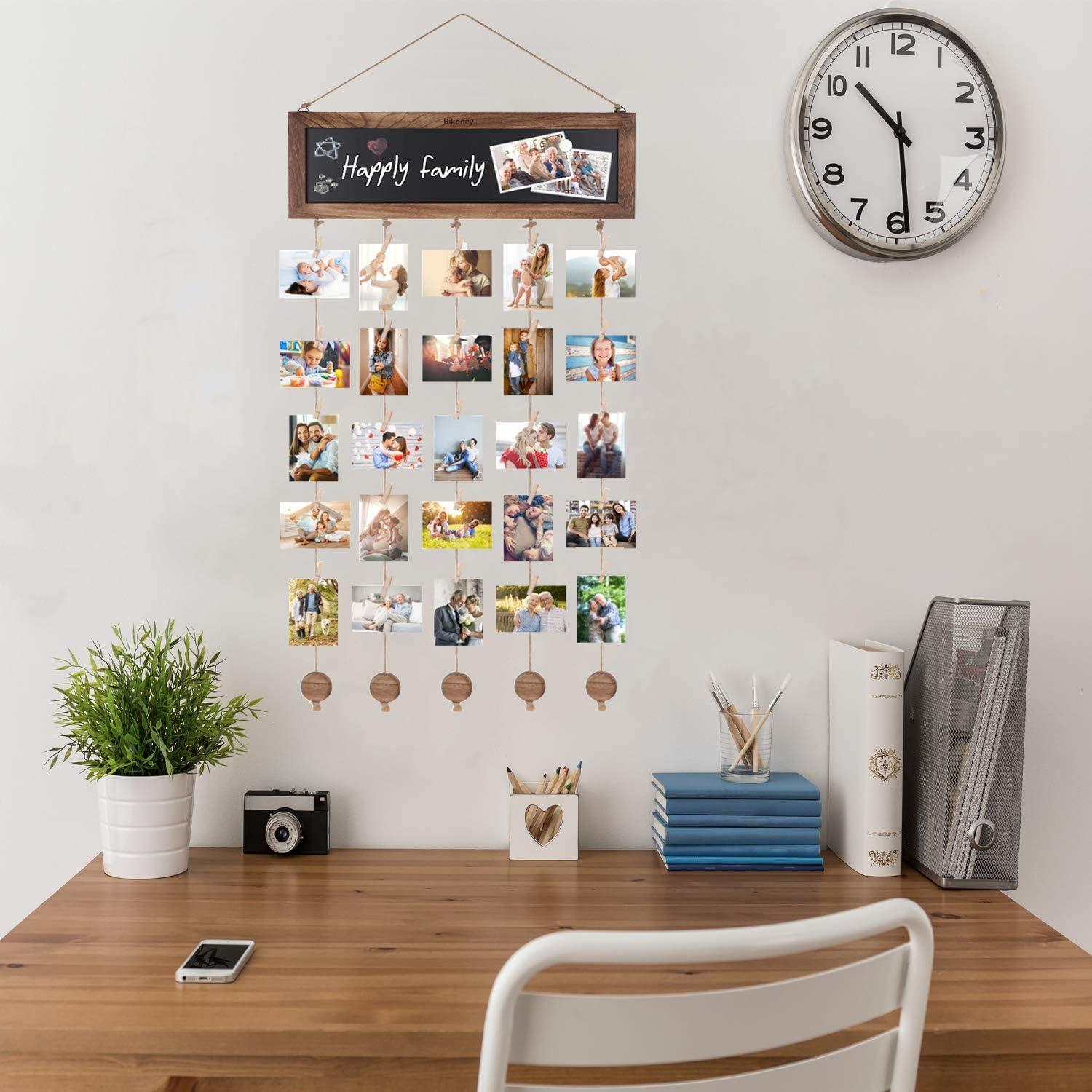 Carbonized Black Wood Collage Photo Hanging Display with Clips and Blackboard