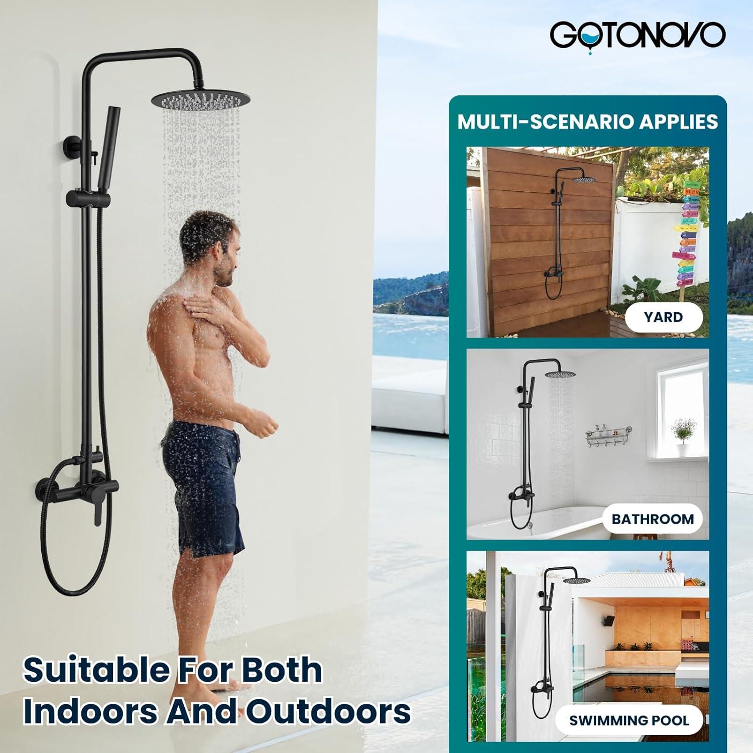 gotonovo SUS304 Outdoor Shower Fixture High Pressure Shower System Wall Mount 2 Dual Function Single Handle Shower Kit with 8 Inch Shower Head and Handheld Spray Shower Faucet Combo, Matte Black