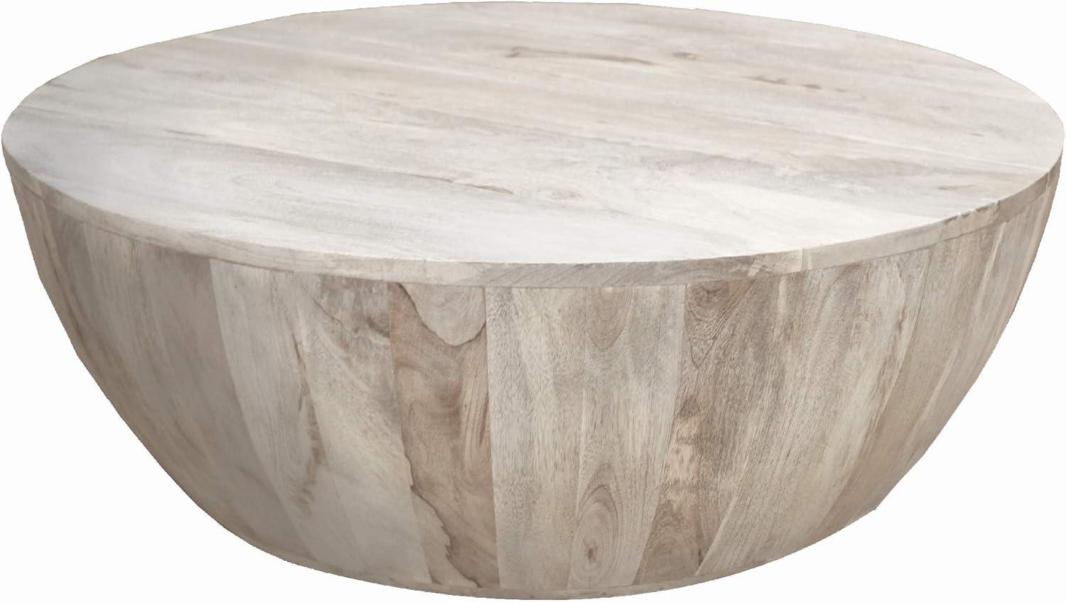 12 Inch Round Mango Wood Coffee Table, Subtle Grains, Distressed White - Saltoro Sherpi