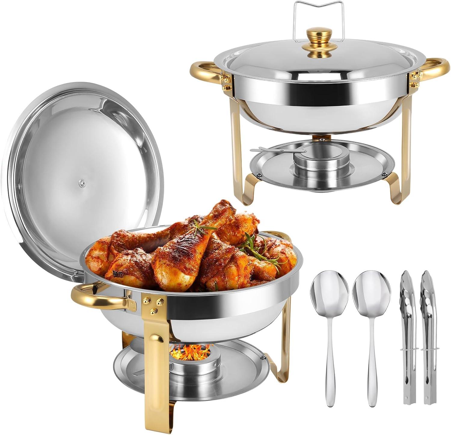 WhizMax Chafing Dish Buffet Set 2 Pack 5QT, Stainless Steel Round Chafing Dishes for Buffet with Lid Holder & Glass Lid, Gold
