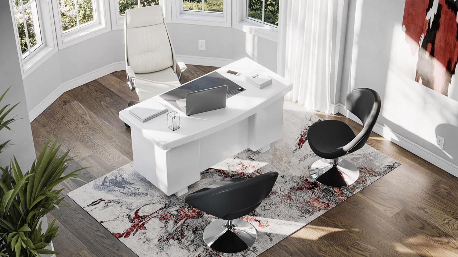 White Lacquer Modern Desk with Black Faux Leather Pad and Storage