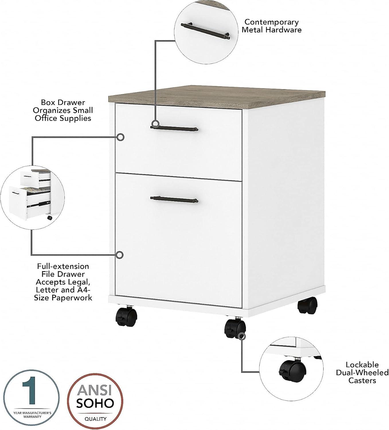 Pure White Engineered Wood L-Shaped Desk with Mobile File Cabinet