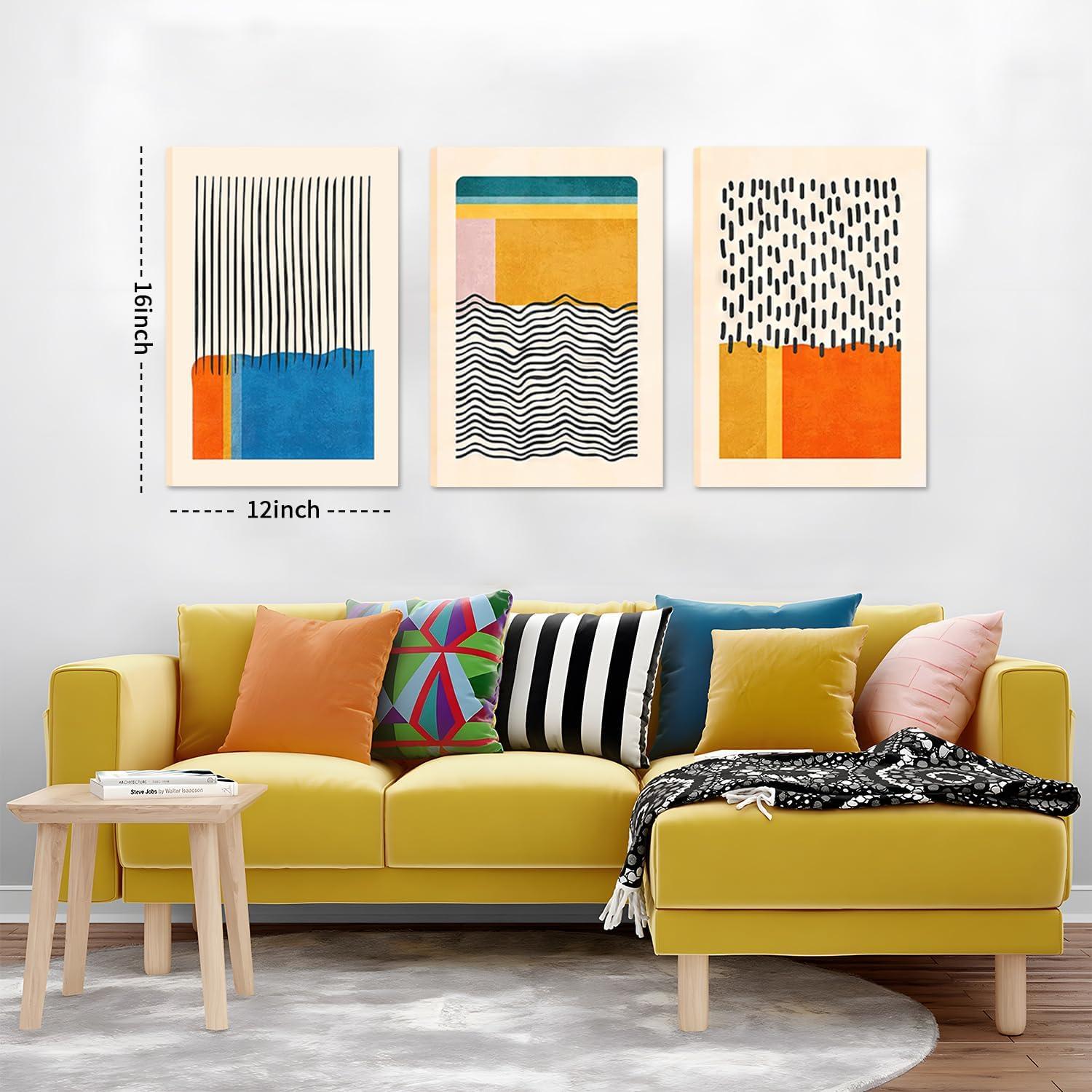 Midcentury Modern Framed Wall Art for Living Room Set of 3 Mid Century Modern Abstract Canvas Painting Print Boho Color Blocks Home Decor Colorful Minimalist Pictures for Bedroom 12"x16"x3