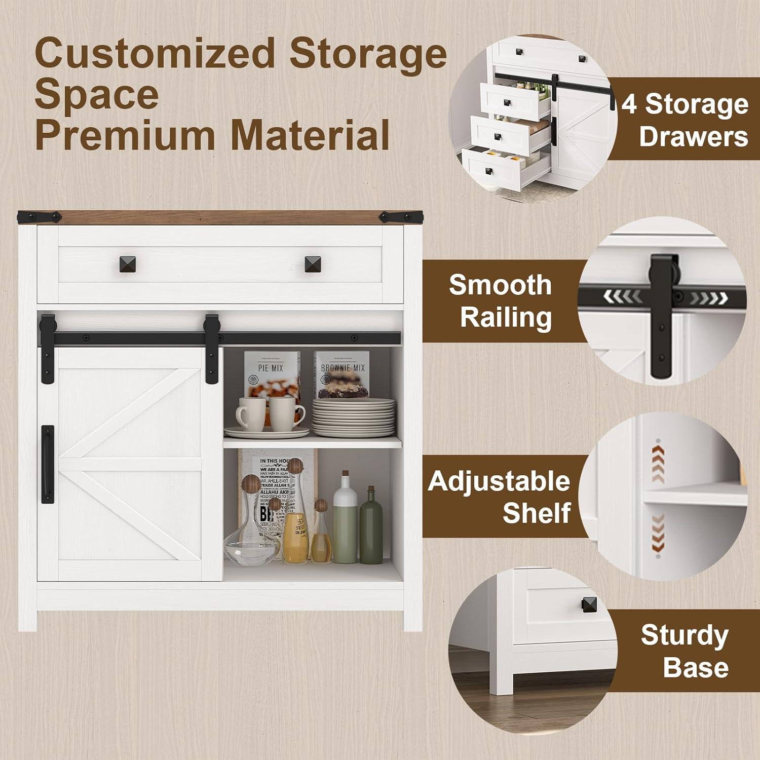 Farmhouse Storage Cabinet, Bathroom Cabinet with Sliding Barn Doors, Floor Storage Cabinet with Adjustable Shelves and 4 Drawers for Kitchen, Living Room, Dining Room, Modern White