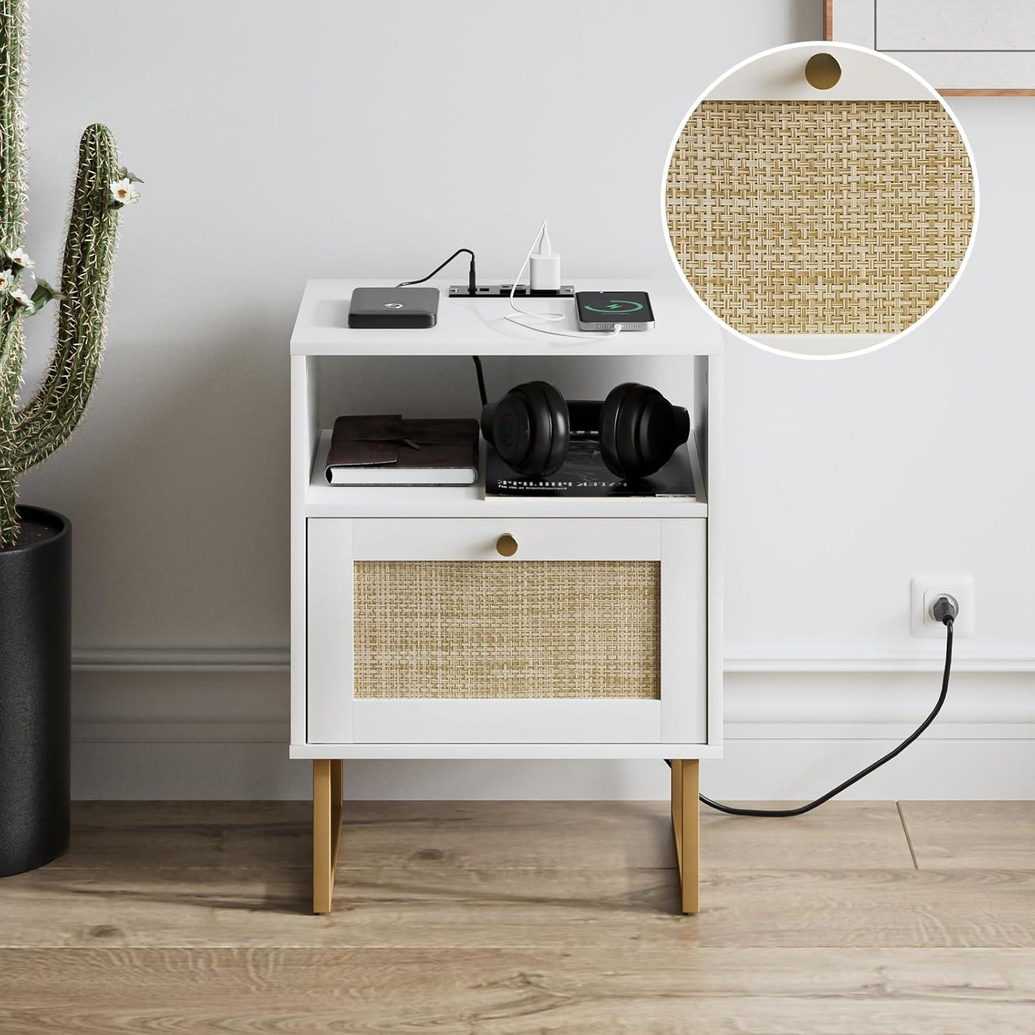 White and Gold Modern Rattan Nightstand with Drawer