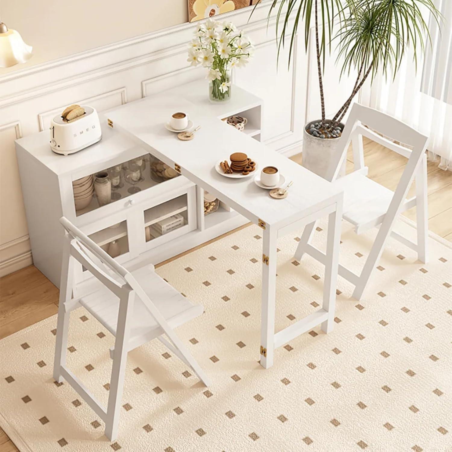 47" White Storage Sideboard Cabinet Extendable Wood Buffet Foldable Dining Table