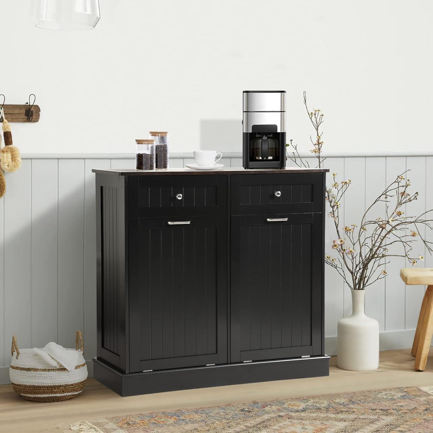 Black Double Tilt Out Trash Cabinet with Countertop and Drawer