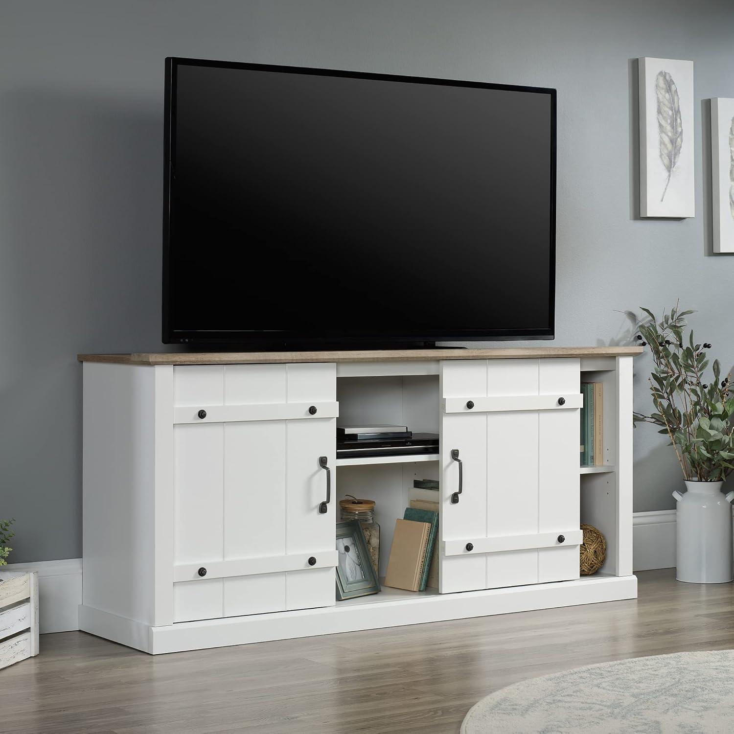 Soft White Farmhouse TV Stand with Oak Accent for 70" TVs