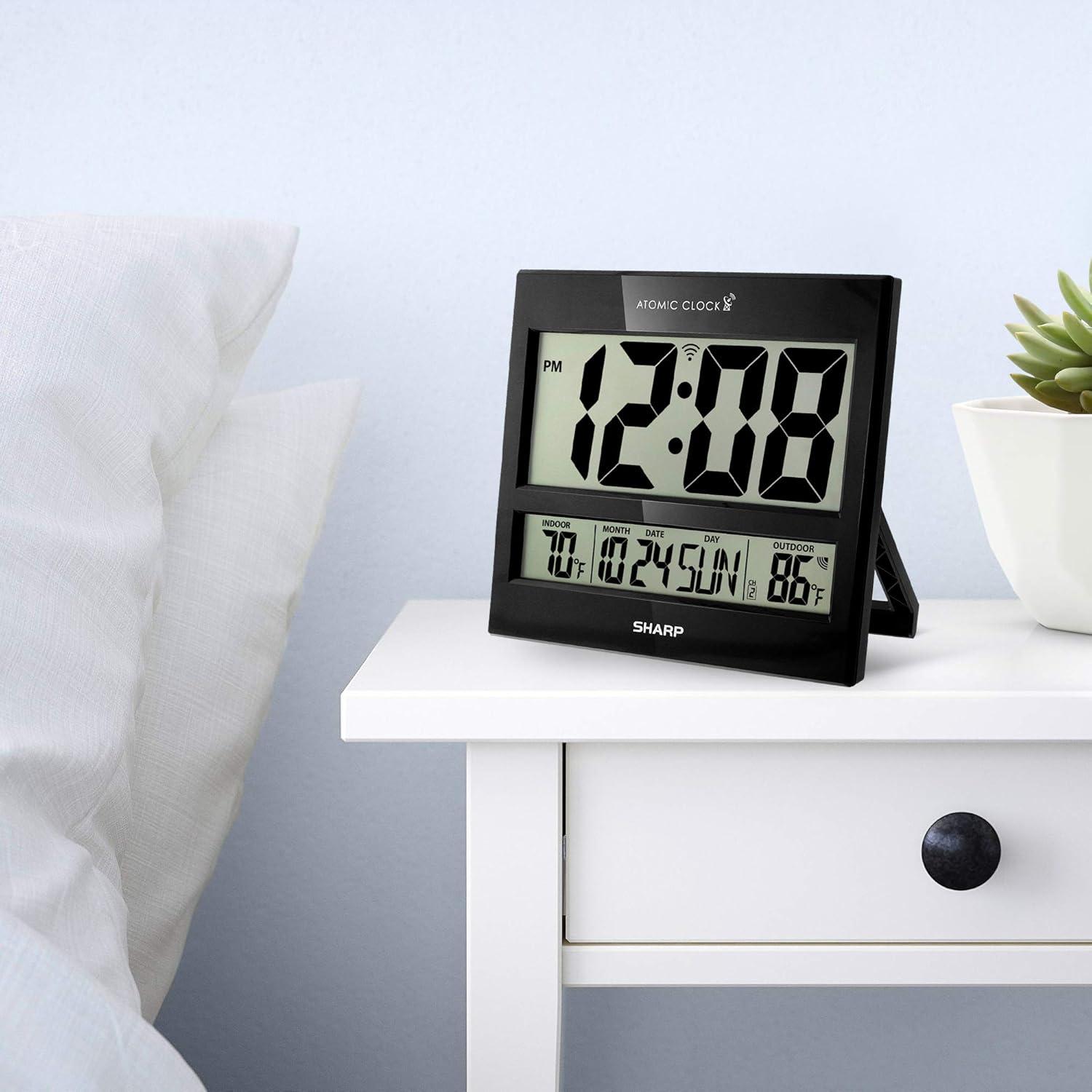 Sharp Atomic Clock Jumbo 3" LED Display In/ Out Temp Calendar Color Black Classic Decor Style