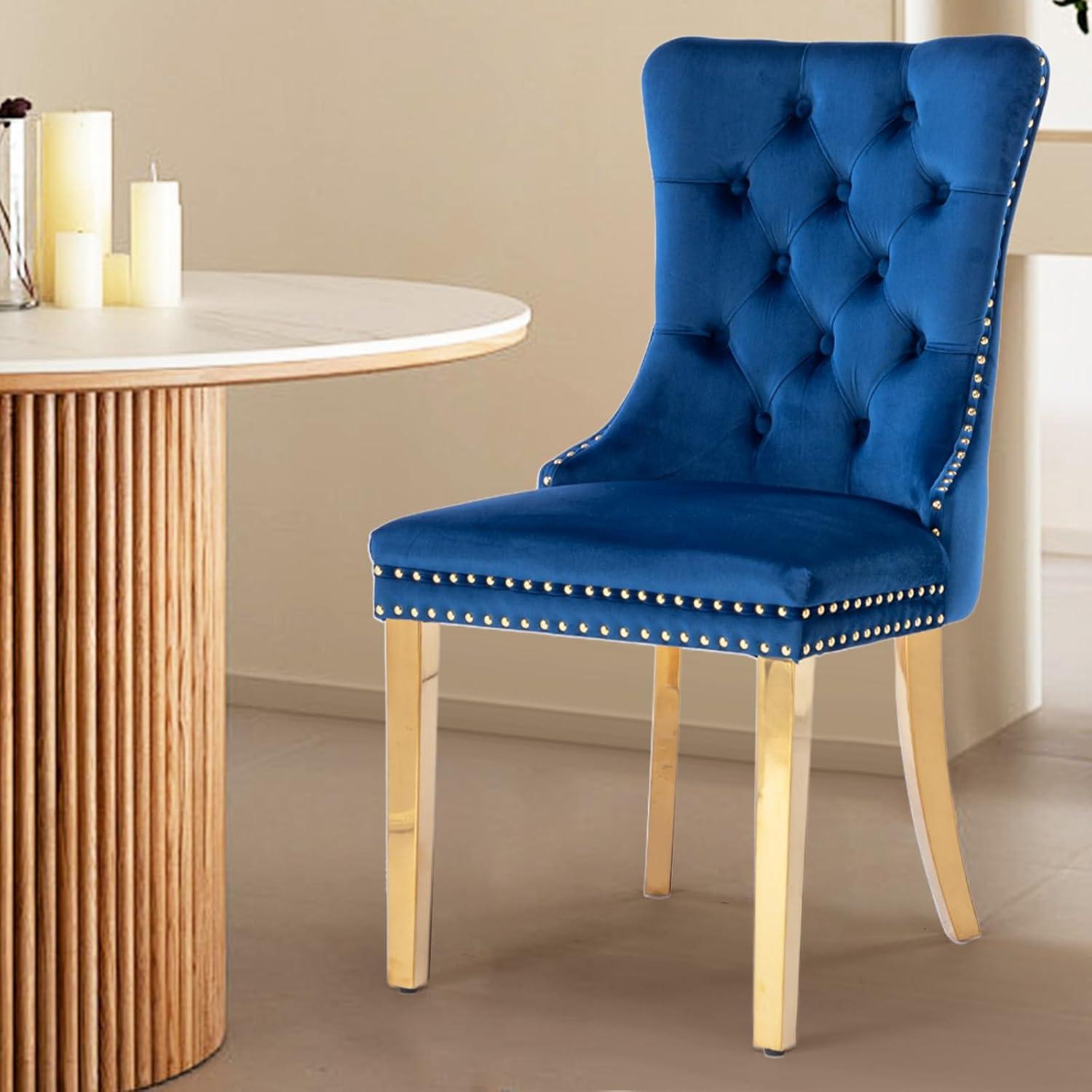 Deep Blue Velvet Upholstered Dining Chairs with Gold Legs, Set of 6