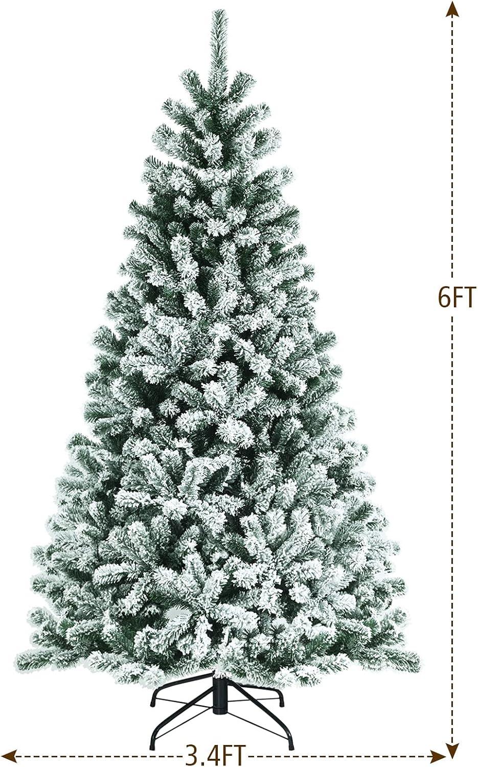 6 Ft Prelit Snow Flocked White Christmas Tree with Metal Base