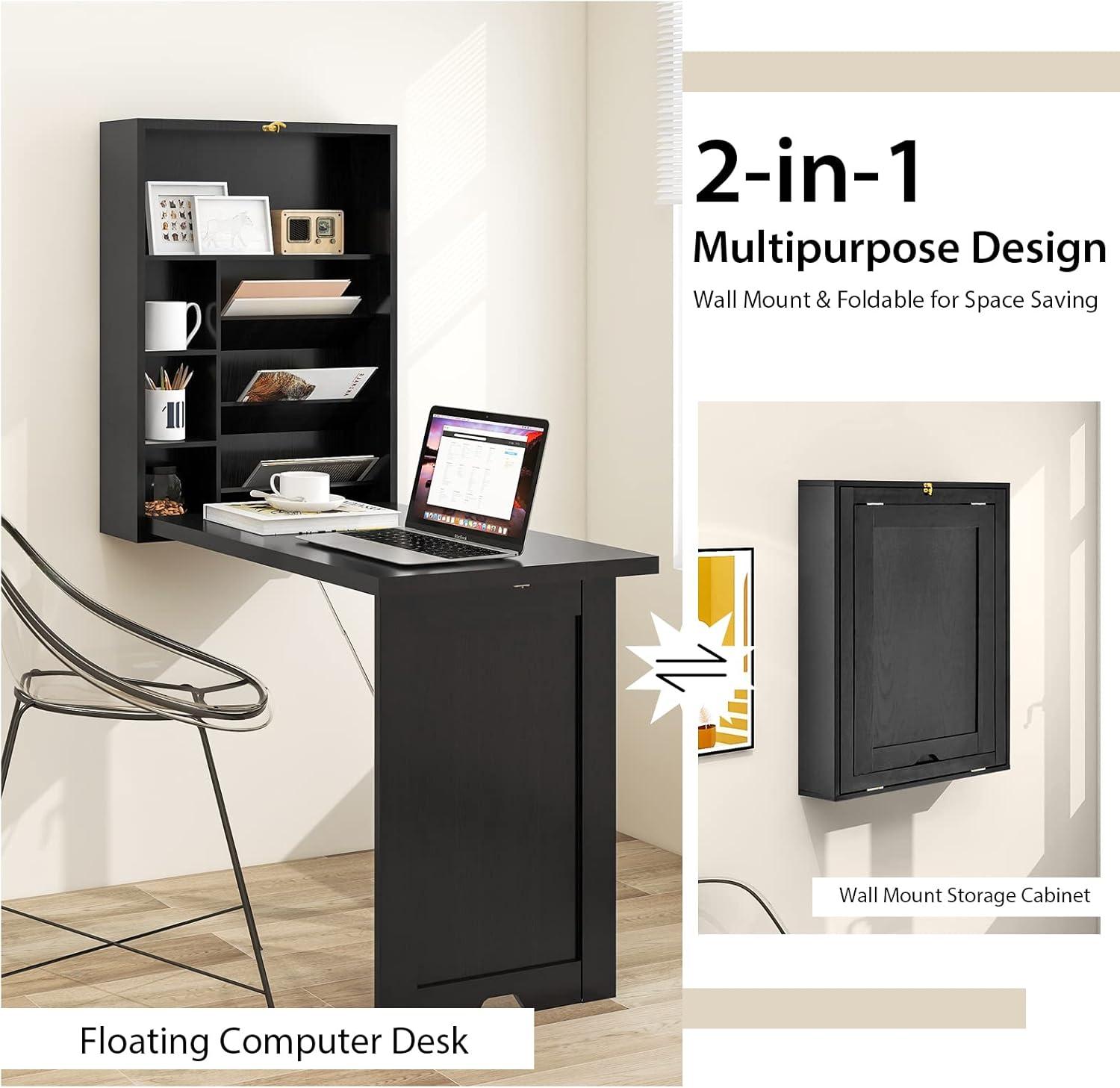 Resenkos Wall Mounted Fold-Out Convertible Floating Desk Space Saver-White