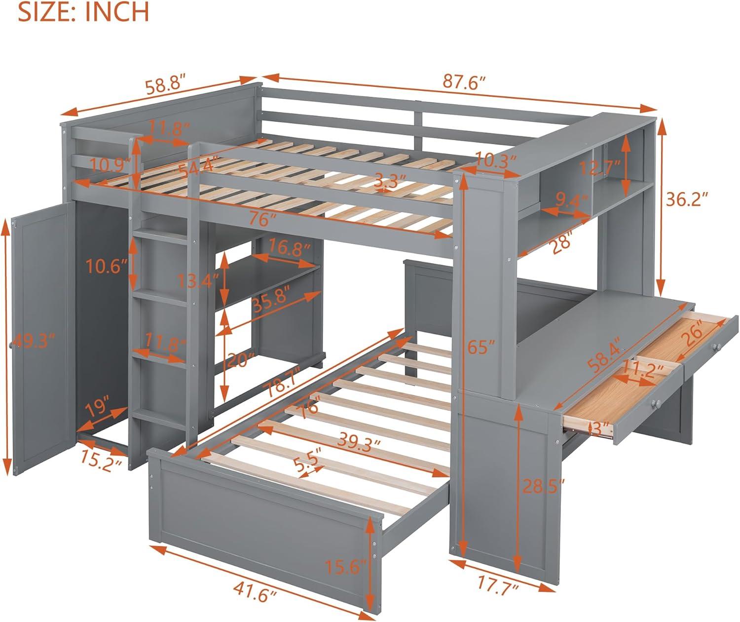 Full Over Twin Bunk Bed with Desk, Wardrobe and Storage Shelves, Loft Bed with A Stand-Alone Bed, Wooden Loft Bed Frame with Safety Guardrails & Slats Support, Bottom Bed Can Be Moved, Gray