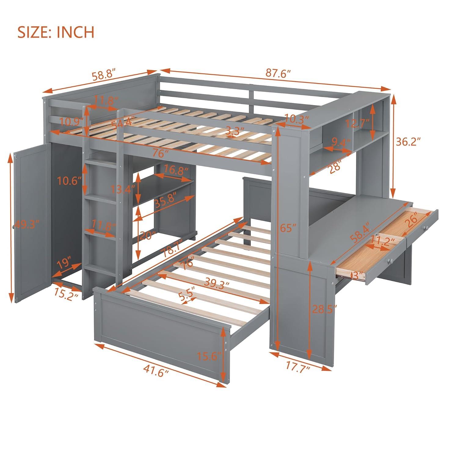 Full Over Twin Bunk Bed with Desk, Wardrobe and Storage Shelves, Loft Bed with A Stand-Alone Bed, Wooden Loft Bed Frame with Safety Guardrails & Slats Support, Bottom Bed Can Be Moved, Gray