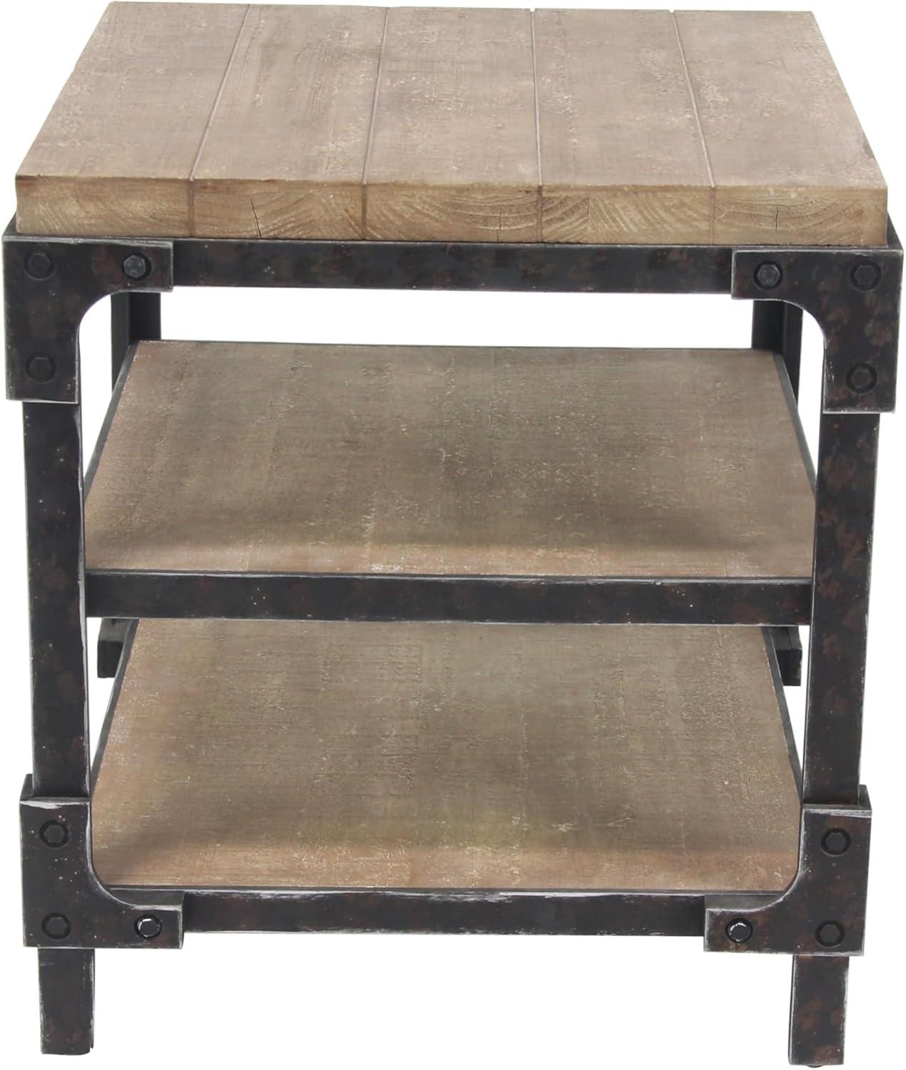 Industrial Brown Fir Wood and Metal 3-Tier Accent Table