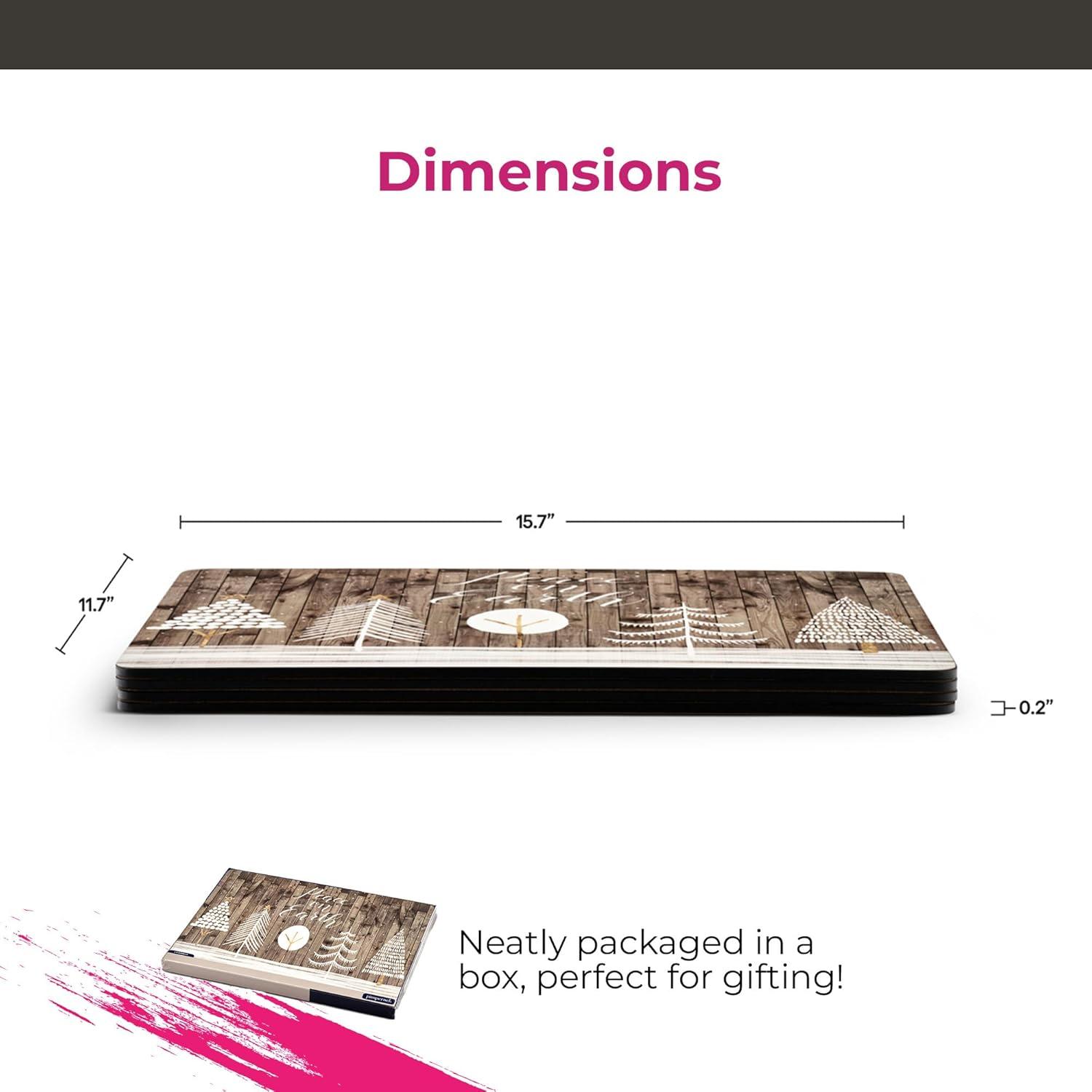 Pimpernel Wooden White Christmas Placemats (Set of 4), Cork-Backed, Heat-Resistant Table Mats, (15.7" x 11.7"), Festive Snowy Tree Design