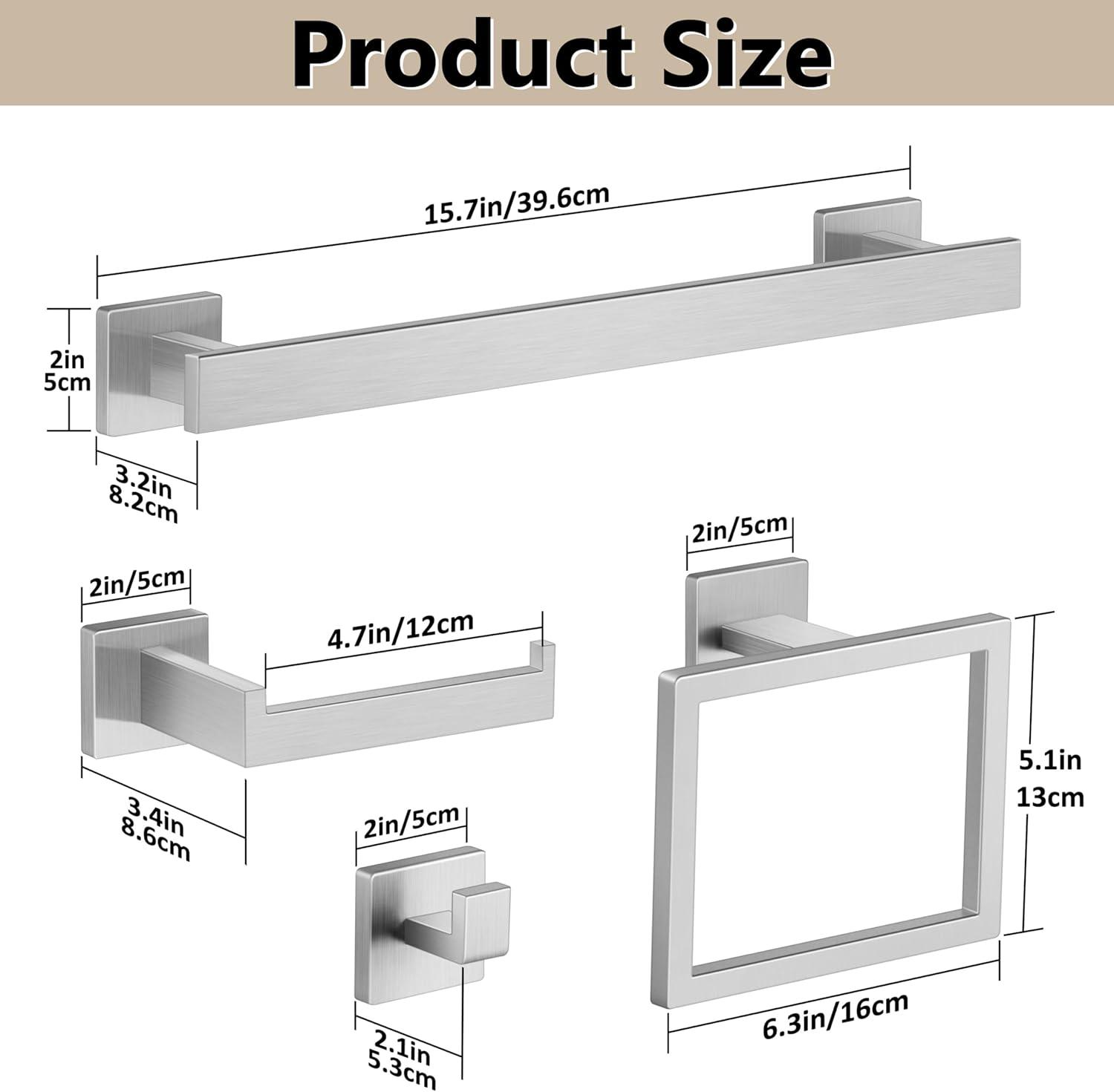 5 Pieces Brushed Nickel Bathroom Accessories Set, Homikit SUS304 Stainless Steel Wall Mounted Bath Towel Hardware Bar Set, 16 Inch Towel Rack, Toilet Paper Holder, Towel Ring, Hooks