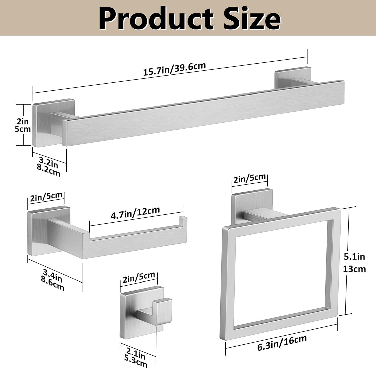 5 Pieces Brushed Nickel Bathroom Accessories Set, Homikit SUS304 Stainless Steel Wall Mounted Bath Towel Hardware Bar Set, 16 Inch Towel Rack, Toilet Paper Holder, Towel Ring, Hooks