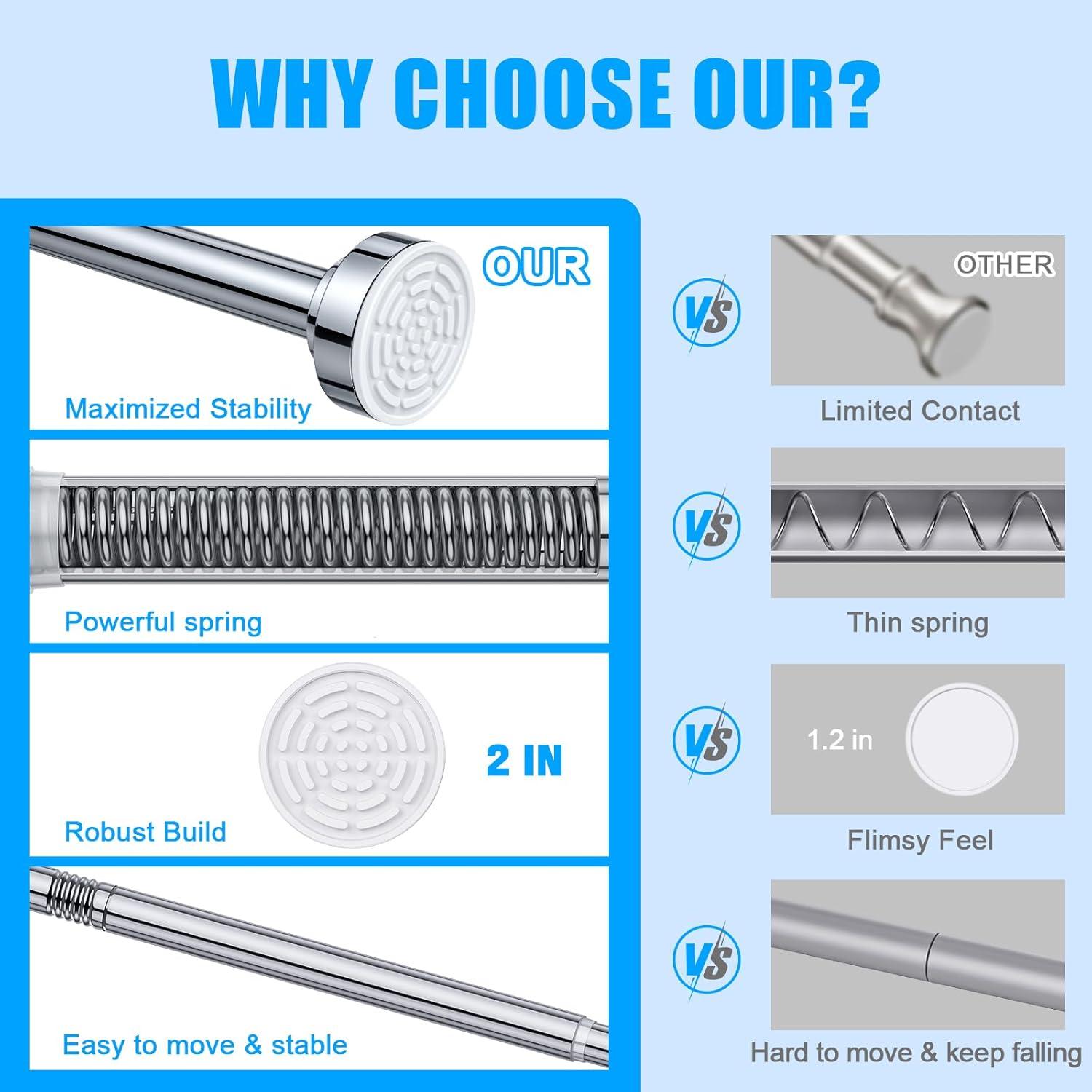 OUMIKEJI Shower Curtain Rod, 27-76 Inch Adjustable Tension Spring, Shower Curtain Rod Tension, Premium Stainless Steel, Anti-Slip, No Drilling, No Rust, For Bathroom, Silver