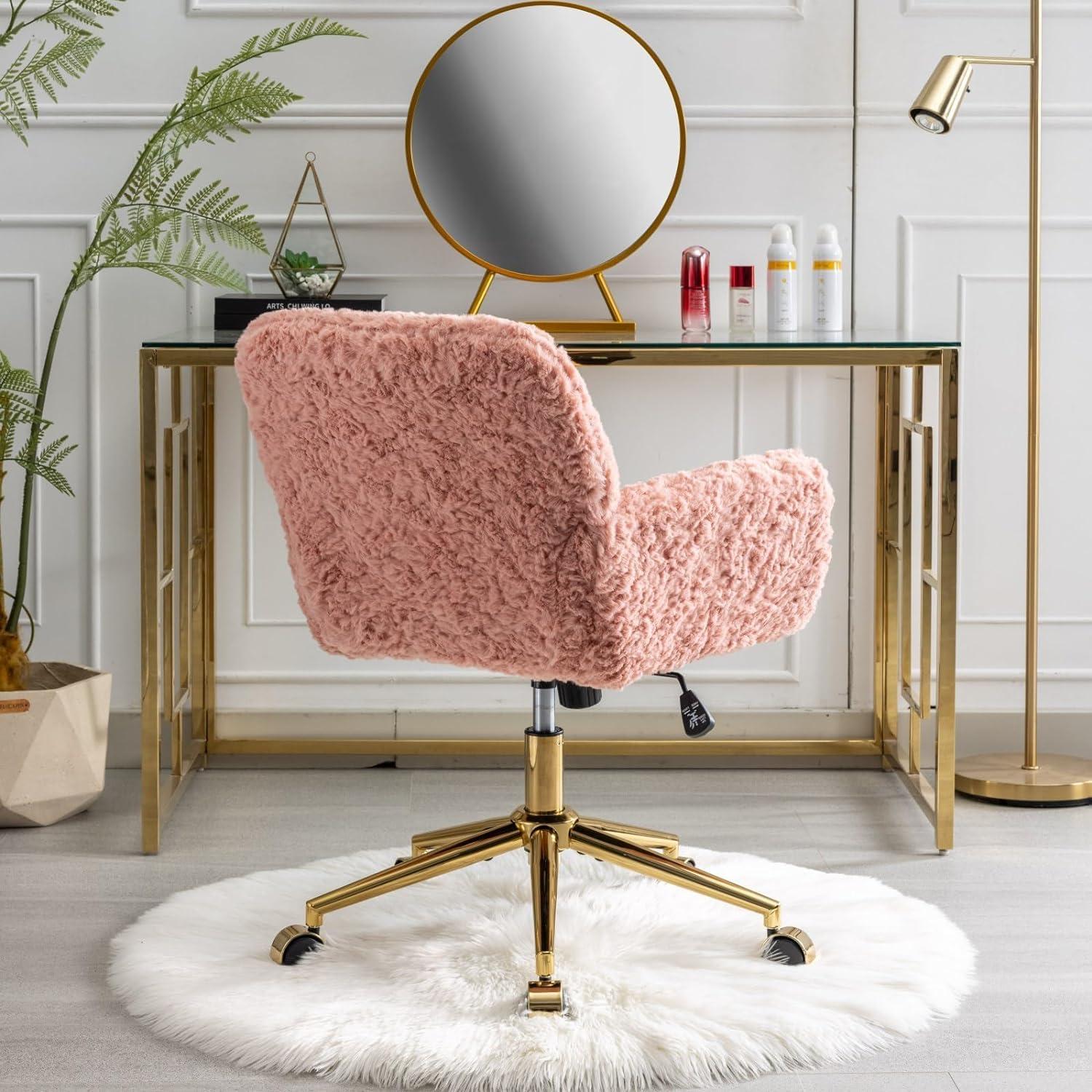 Pink Artificial Rabbit Fur Home Office Chair, Adjustable Swivel Desk Chair with Gold Metal Base and Wheels - The Pop Home