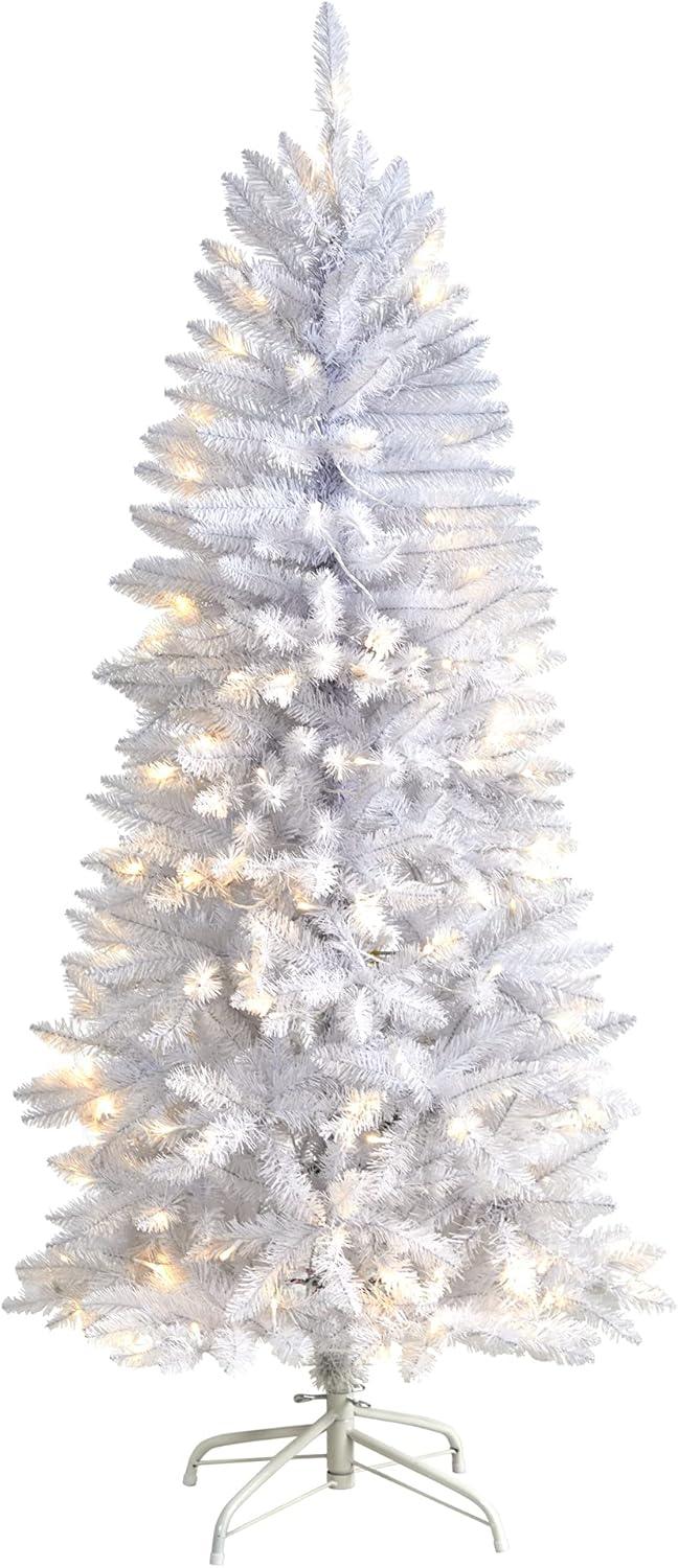 Nearly Natural 5-ft Slim White Artificial Christmas Tree with 150 Warm White LED Lights and 491 Bendable Branches