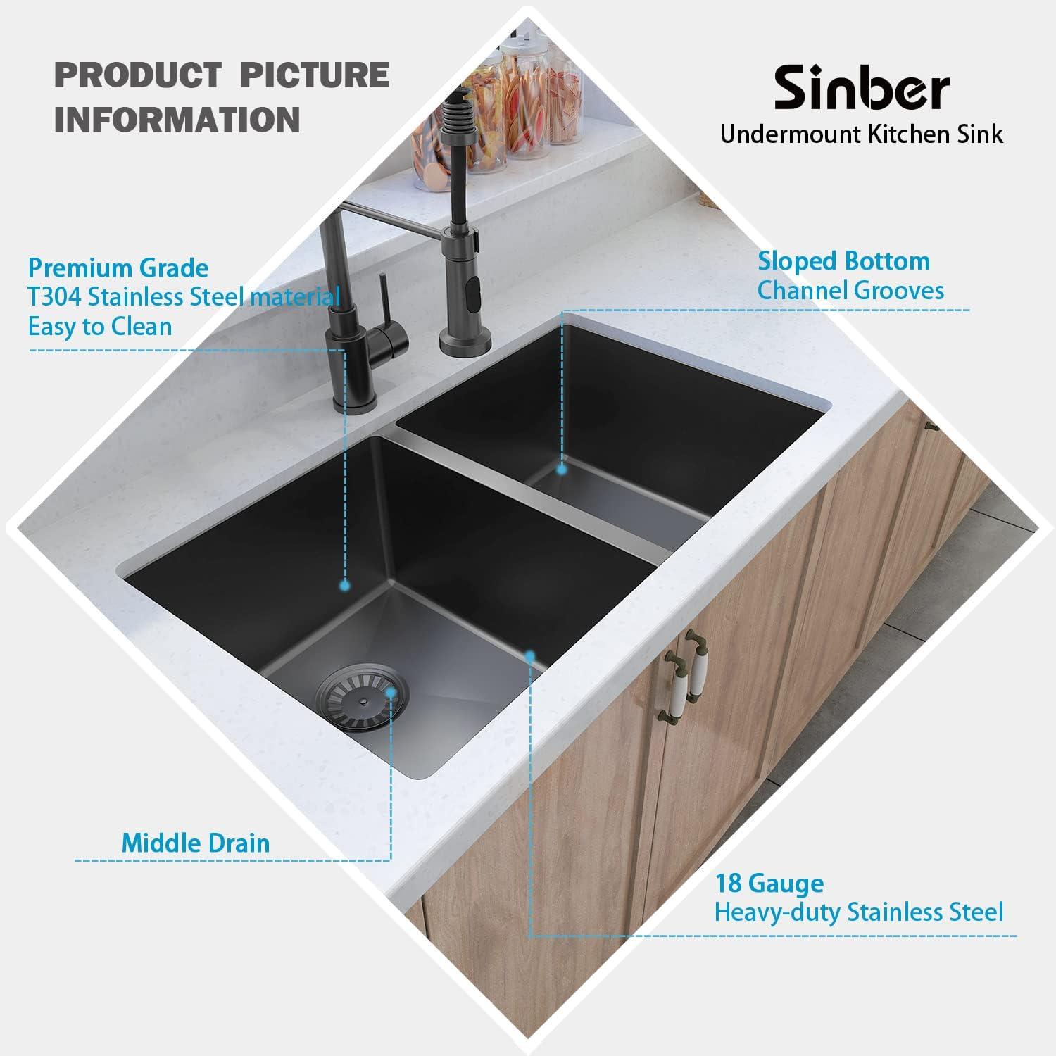 Sinber  Undermount Double Bowl 304 Stainless Steel Kitchen Sink 32" x 19" x 10"(18 Gauge Sink Only) - Black