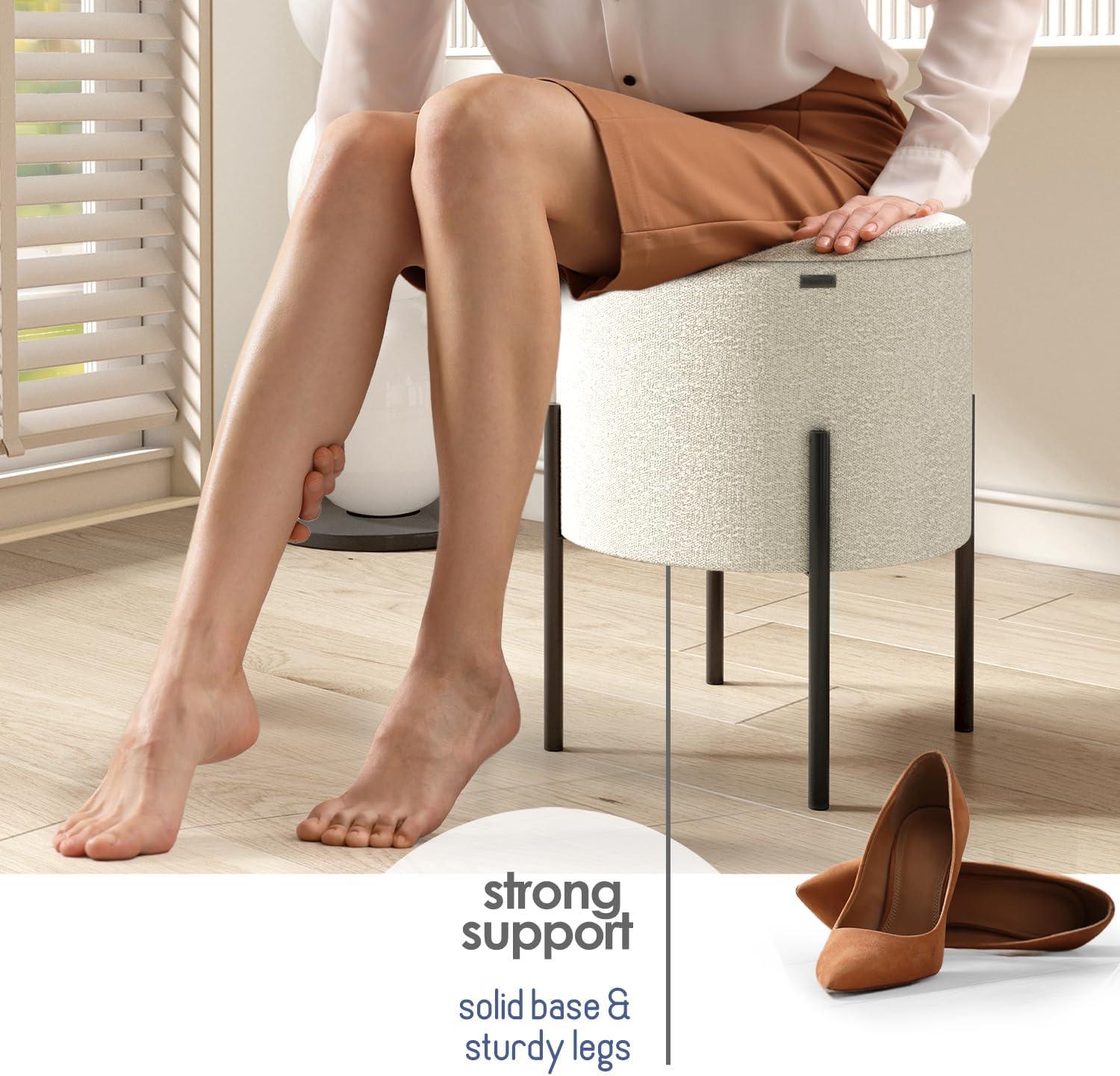 StorageBud Round Ottoman with Storage, Modern Boucle Storage Ottoman, Small Foot Stool Ottoman for Living Room and Bedroom, White