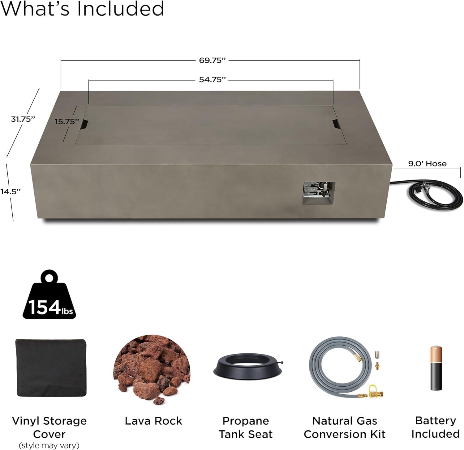 Aegean 70" Rectangle Fire Table with Natural Gas Conversion Kit - Mist Gray - Real Flame