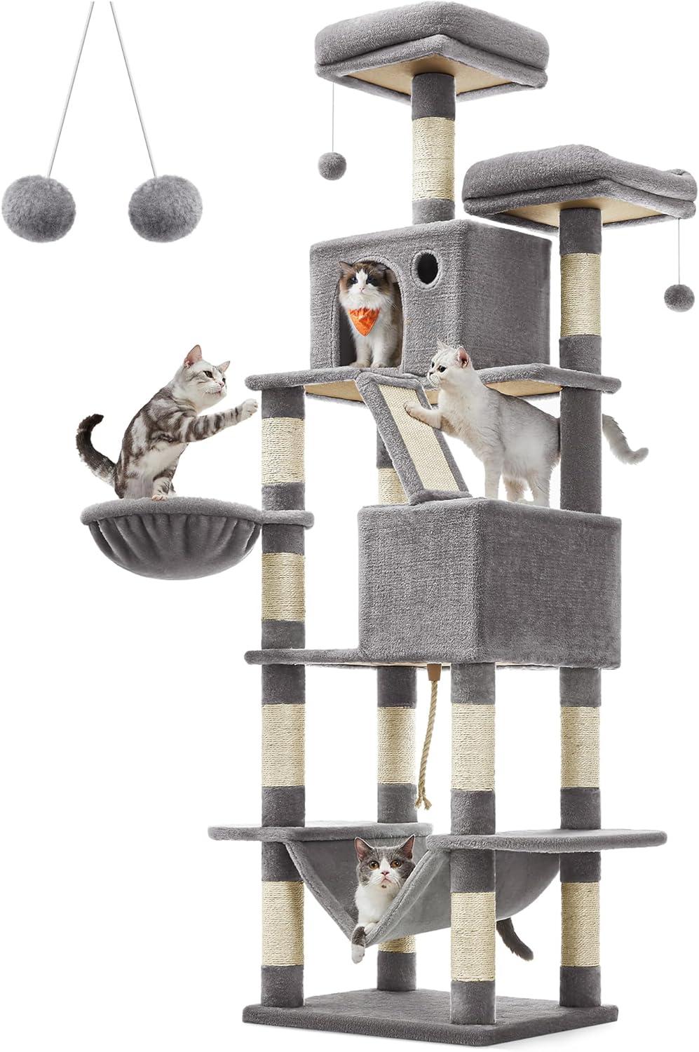 81.1"H Cat Tree Cat Tower for Indoor Cats, Plush Multi-Level Cat Condo with Scratching Posts, Perches, Caves, Hammock, Light Gray