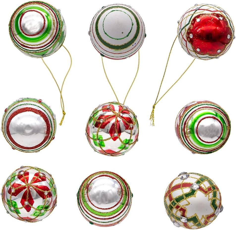 Kurt Adler 45MM Glass Red and Green Decorated Eggs, 9 Piece Set