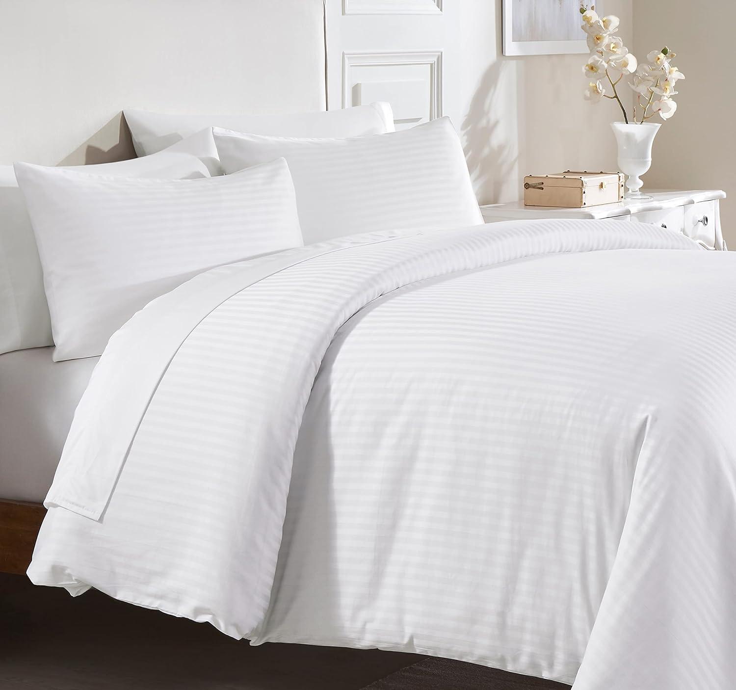 White Striped Queen Cotton Sateen Duvet Cover Set