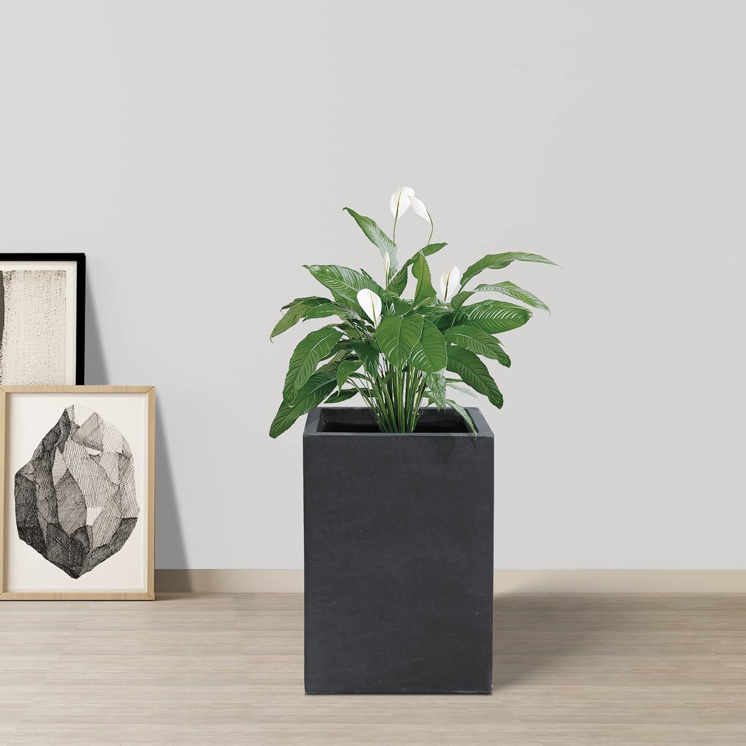 Kante 16"H Charcoal Finish Concrete Tall Square Planter, Outdoor/Indoor Lightweight Planters Pots with Drainage Hole