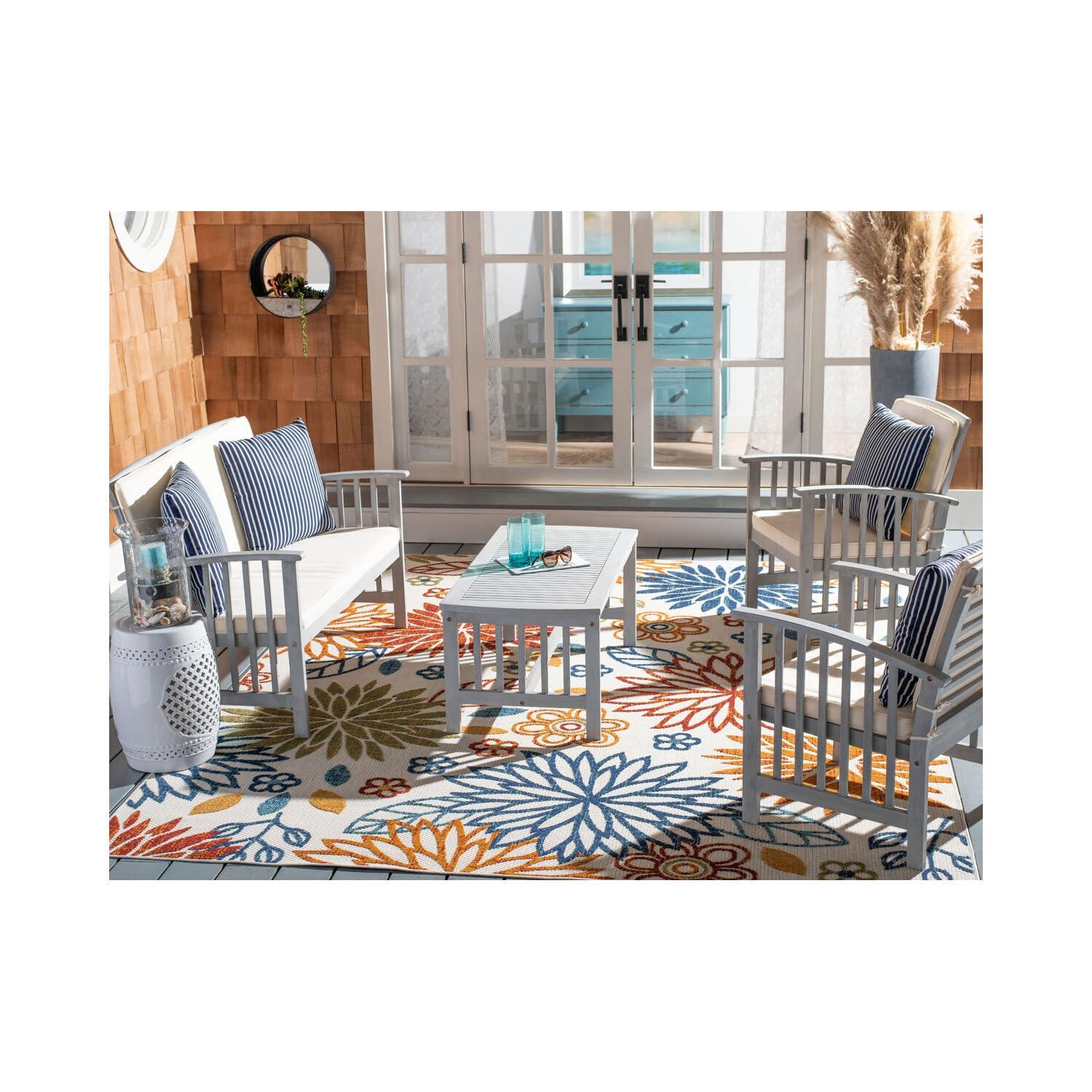 Rocklin 4 Piece Patio Outdoor Conversation Set - Natural/Black Cushion - Safavieh