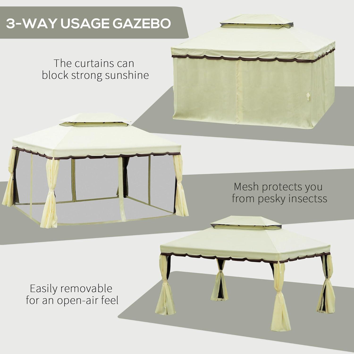 Outsunny 10' x 13' Patio Gazebo, 2-Tier Polyester Roof, Vented Canopy, Mesh, Portable Aluminum Frame for Outdoor, Cream White