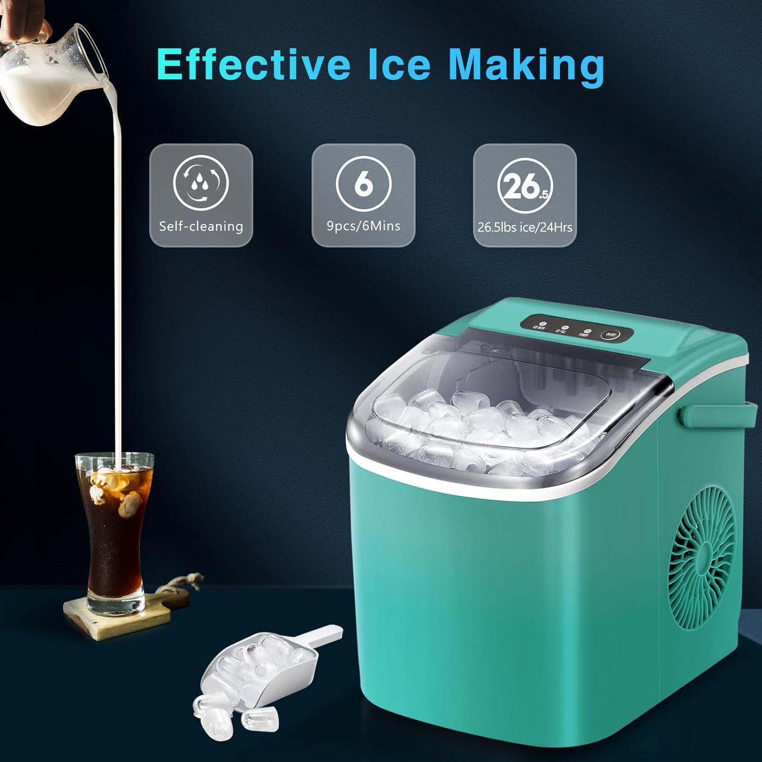 R.W.FLAME Ice Makers Countertop with Handle,26.5Lbs/24H,9 Cubes in 6 Mins,2 Sizes of Bullet Ice,Portable Ice Maker Machine with Self-Cleaning, green