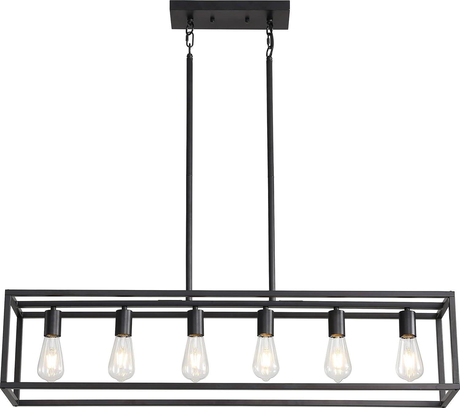 6 Light Rectangle Chandelier Contemporary Farmhouse Linear Pendant Lighting Black Industrial Vintage Kitchen Island Metal Cage Ceiling Light Fixture