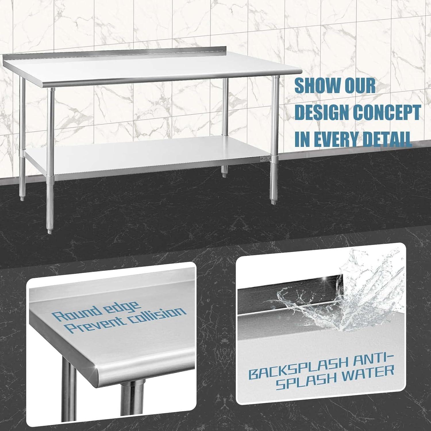 Hally Sinks & Tables HStainless Steel Table for Prep & Work 24 x 72 Inches, NSF Commercial Heavy Duty Table with Undershelf and Backsplash for Restaurant, Home and Hotel