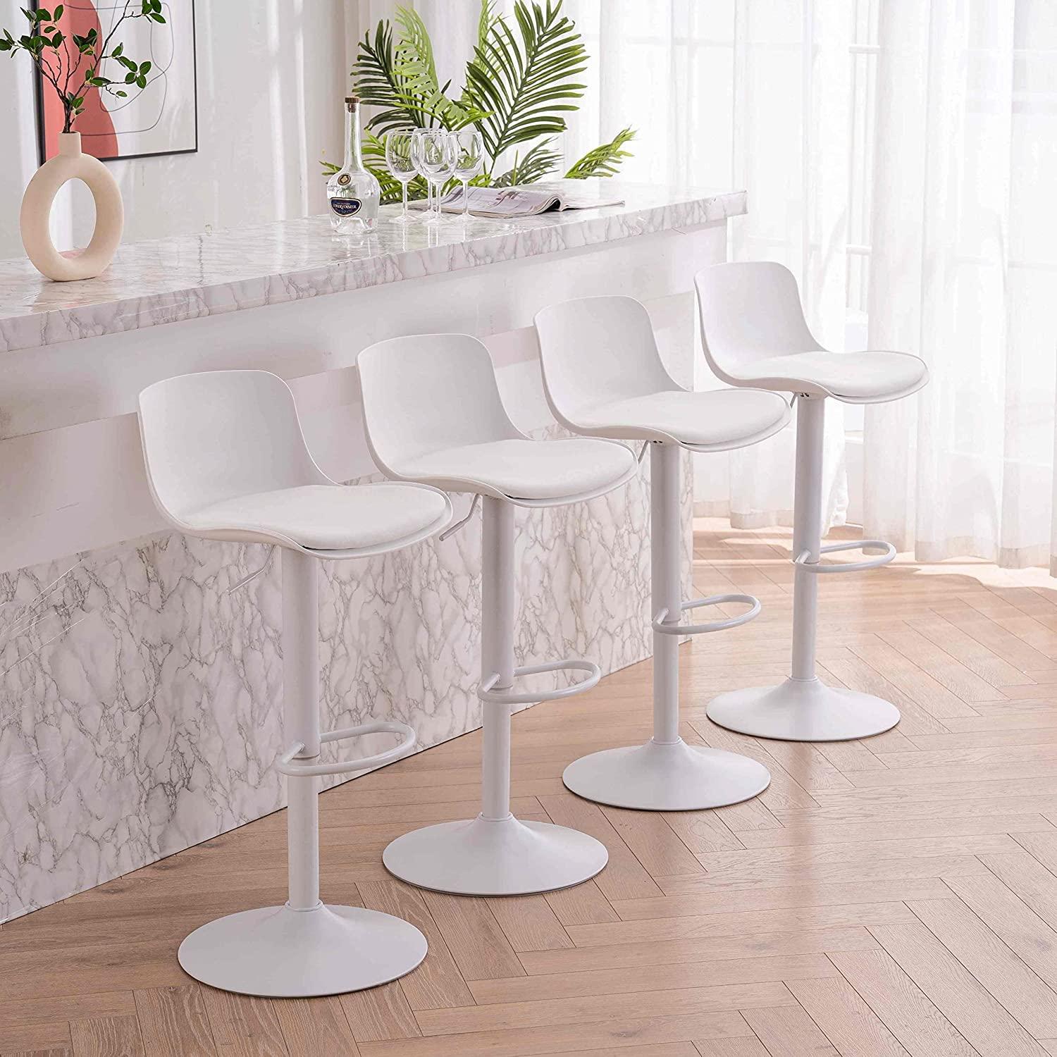 Height Adjustable Swivel PP Bar Stool with PU Padded Seat, White, Set of 2