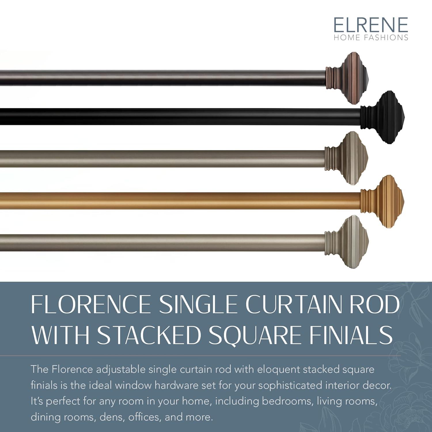 Florence 1" Window Drapery Single Curtain Rod with Stacked Square Finial - 28"-48" - Black - Elrene Home Fashions
