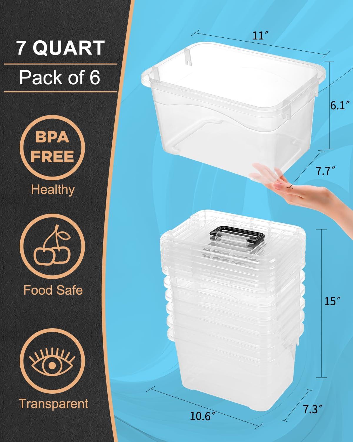Plastic Storage Bins 7 Quart-Storage Organizer Bins with Black Buckle Lids, Stackable Storage Bins with Lids for Home Office Kids Room Closet School Art Supplies Organization,6 Packs, Clear