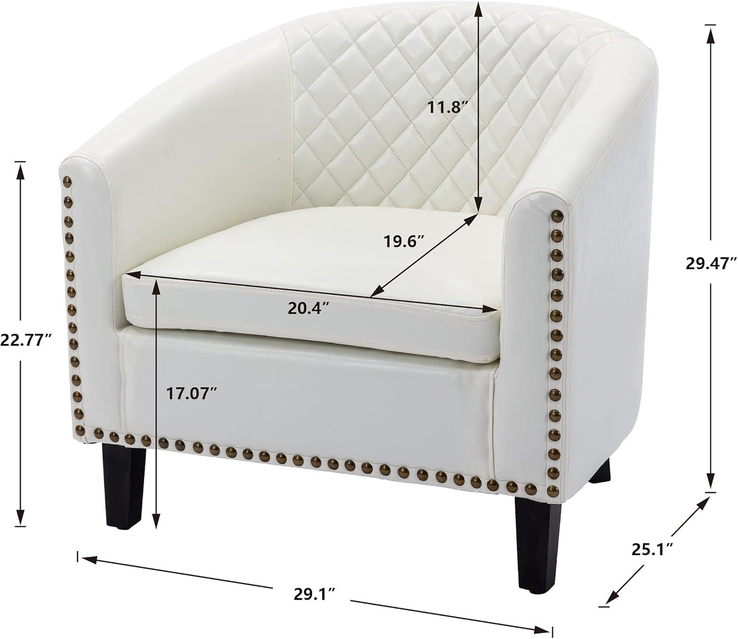 Barrel Chair PU Leather and Solid Wood Legs Tufted Cushion Rivet Decor Tub Barrel Style Bedroom Club Sofa Chair for Attic Rest Area and Home Living Room Max Weight Capacity 250 LBS White