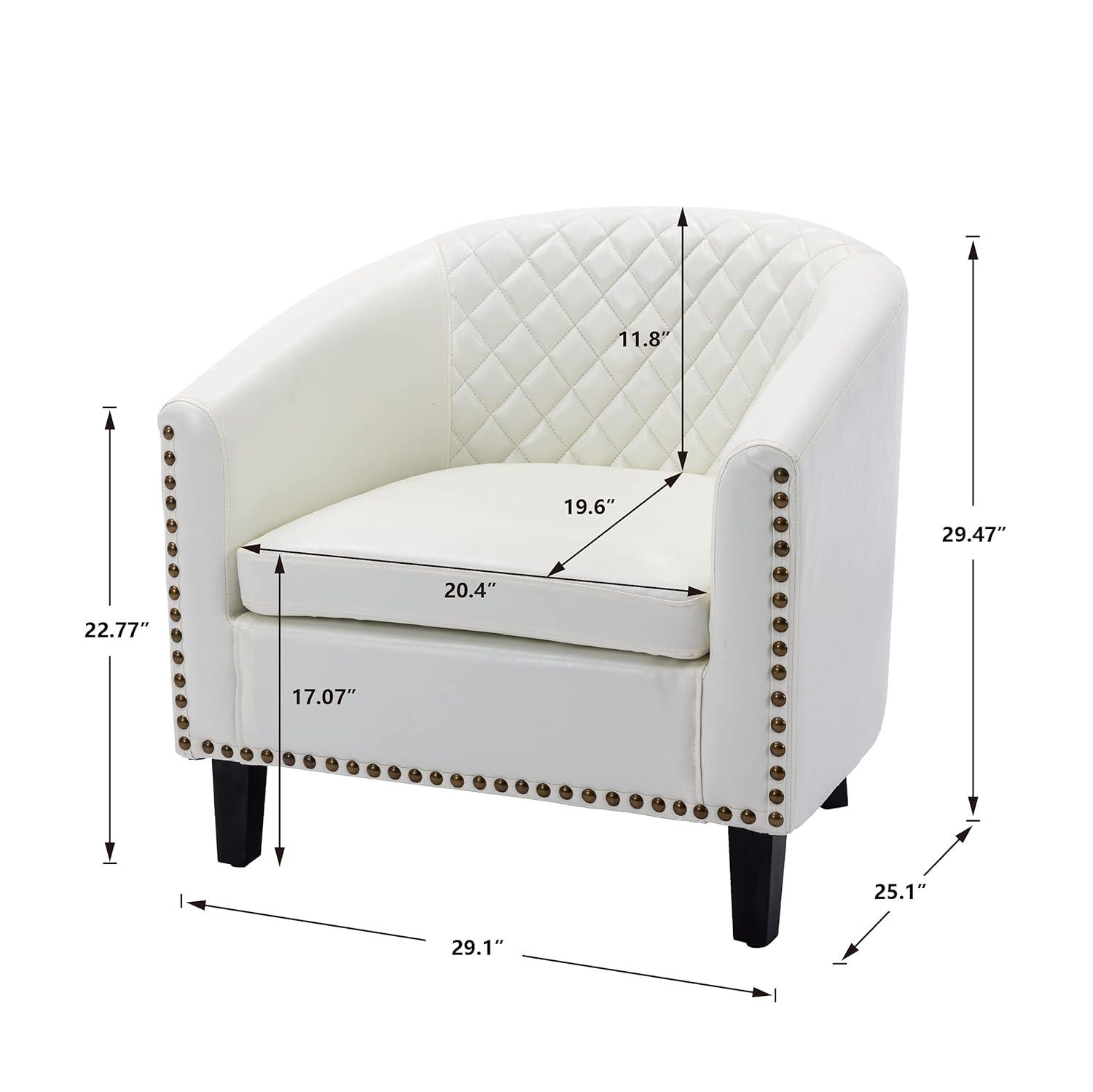 Barrel Chair PU Leather and Solid Wood Legs Tufted Cushion Rivet Decor Tub Barrel Style Bedroom Club Sofa Chair for Attic Rest Area and Home Living Room Max Weight Capacity 250 LBS White