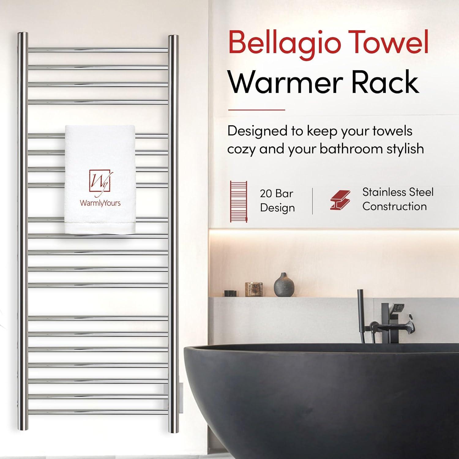 Heated Towel Rack, 20-Bar Wall Mounted Towel Warmer Polished Stainless Steel for Luxury Spa-Like Comfort in Your Bathroom, Electric Hardwired 190 W (WarmlyYours Bellagio)