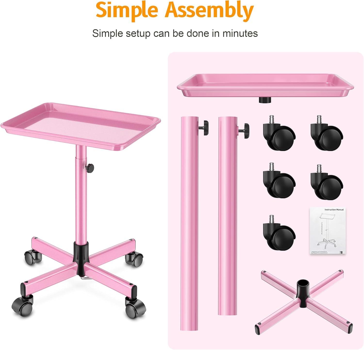 Salon Tray,Height Adjustable Salon Service Rolling Cart,Hair Color Tray with Wheels,Pink