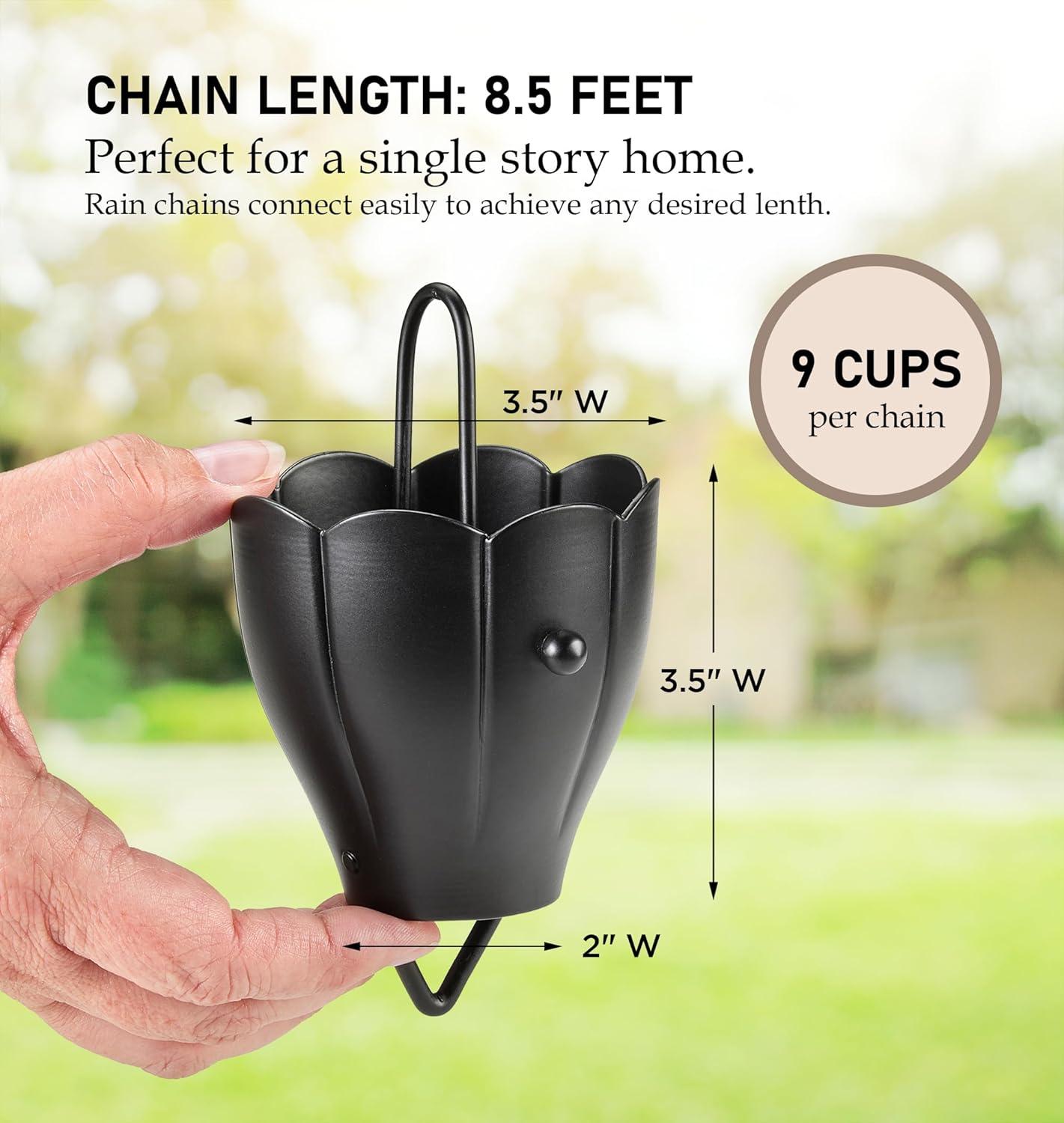 Good Directions 6 Cup Crocus Black Aluminum 8.5 ft. Rain Chain with Gutter Installation Clip