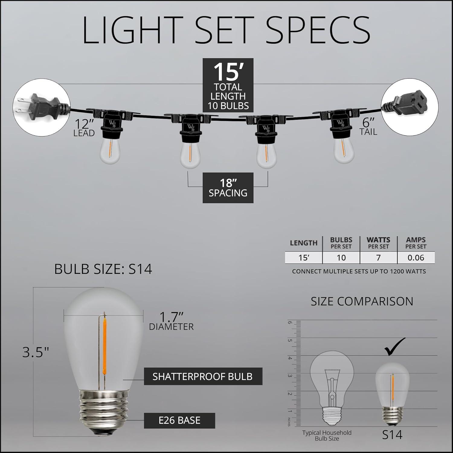 15’ LED Patio Lights, Black E26 SJTW Commercial Watertight Patio Stringer, with 10 Warm White S14 Vintage Edison Filament Bulbs, 18” Spacing