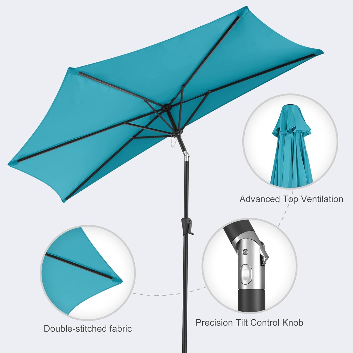FLAME&SHADE 9 ft Half Round Solar Powered Outdoor Market Patio Table Umbrella for Wall Balcony with LED Lights and Tilt, Aqua Blue