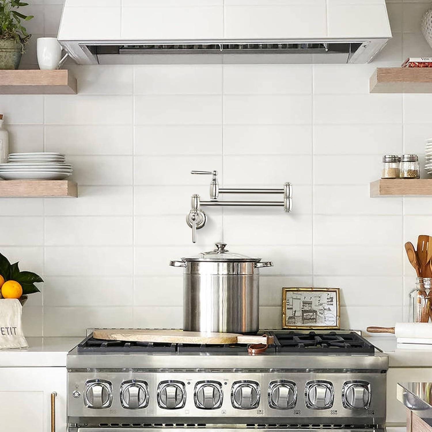 Pot Filler Faucet Polished Nickel: ARCORA Modern Pot Filler Wall Mount Kitchen Folding Faucet 2 Handle with Double Joint Swing Arms Brass Stove Faucet