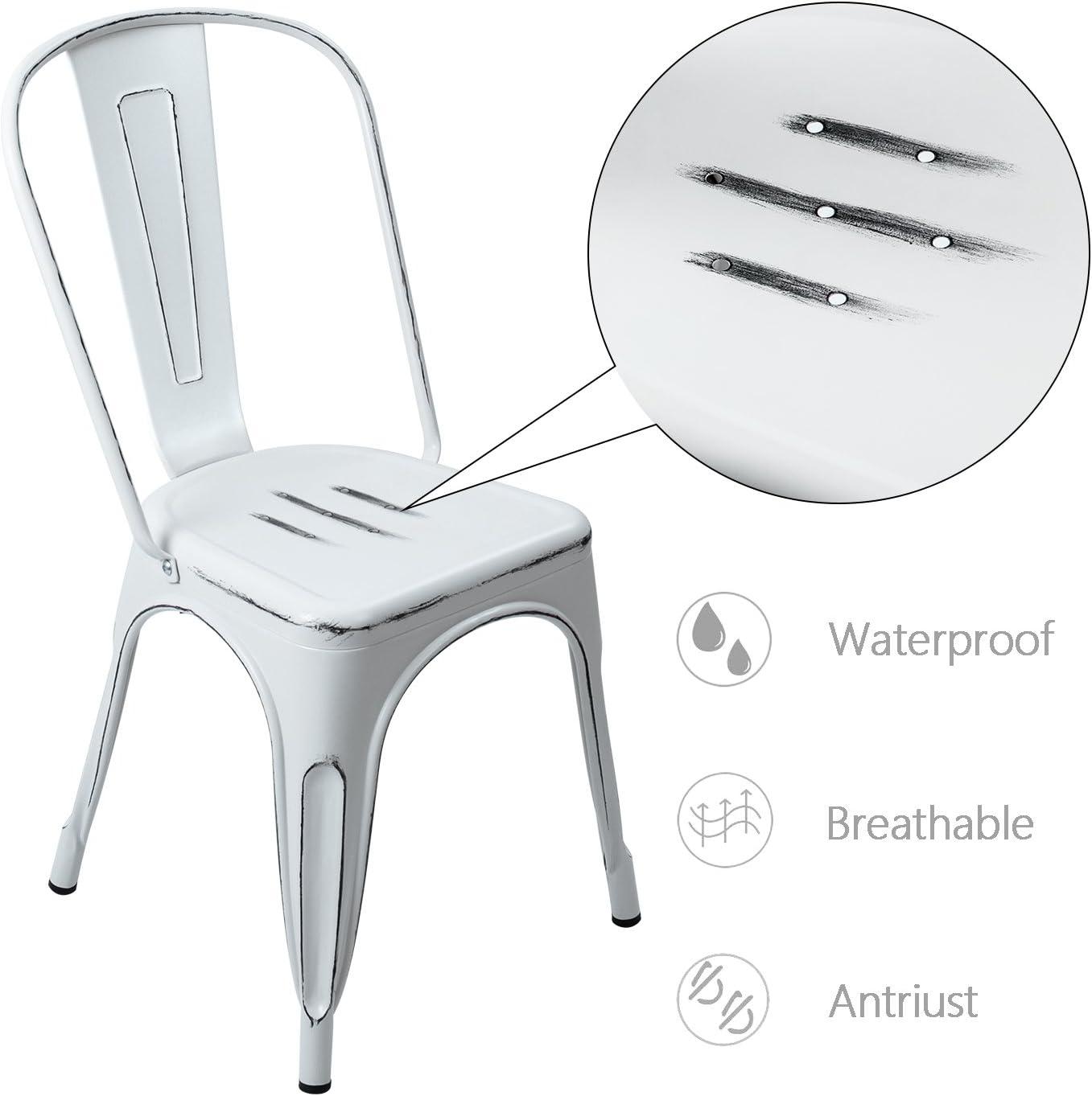 JUMMICO Metal Dining Chair Stackable Indoor Outdoor Industrial Vintage Chairs Bistro Kitchen Cafe Side Chairs with Back Set of 4 (Distressed White)