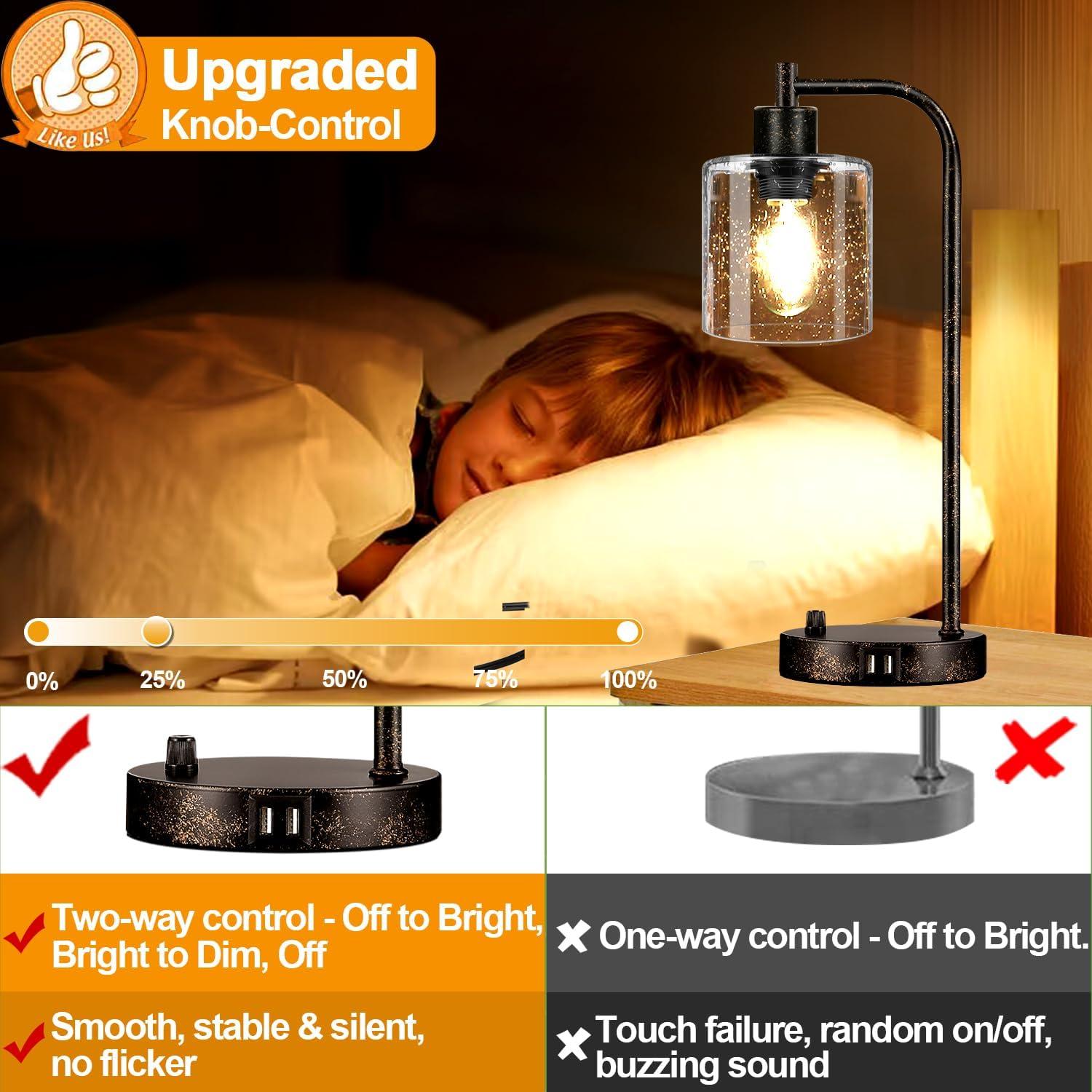 【Upgraded】Set of 2 Industrial Table Lamps with 2 USB Port, Fully Stepless Dimmable Bedside Lamps for Bedroom, Nightstand Desk Lamps with Glass Shade for Bedroom Living Room Office 2 LED Bulb Included